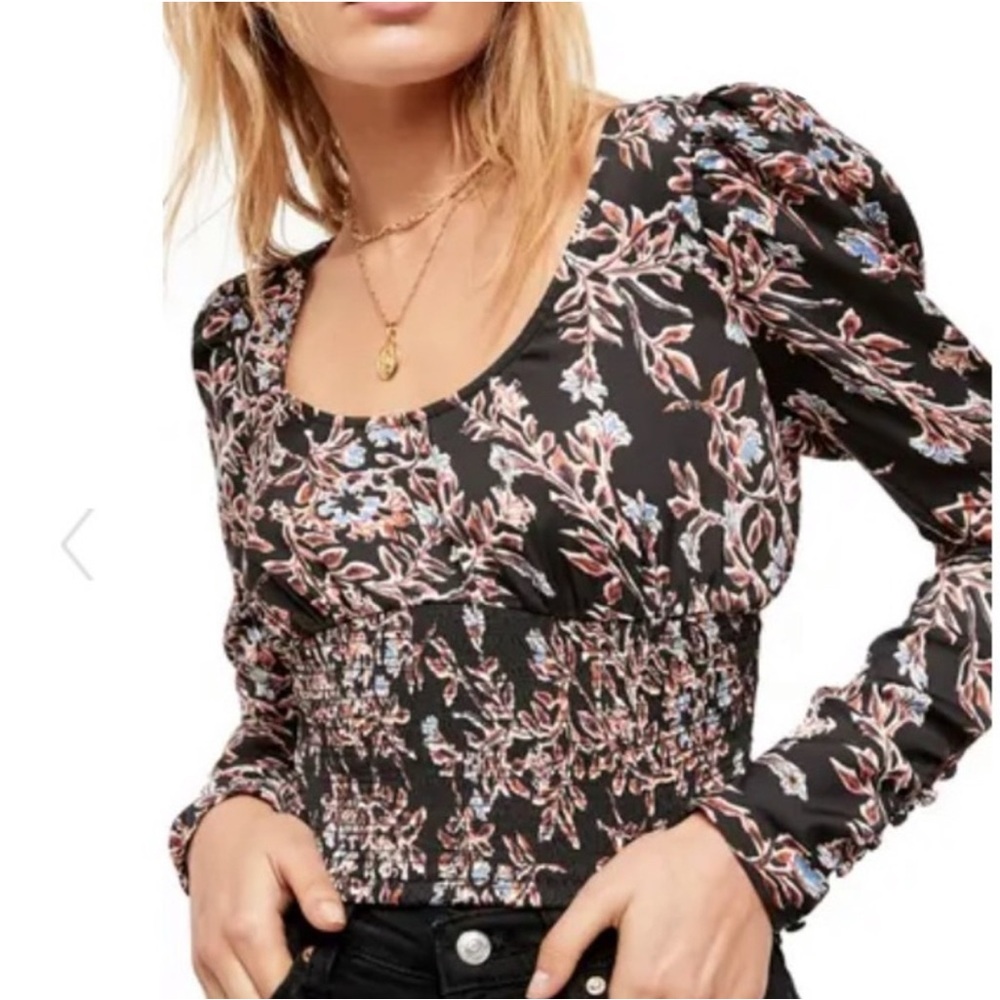 Free People Santiago Top medium black blue brown cropped floral smocked new